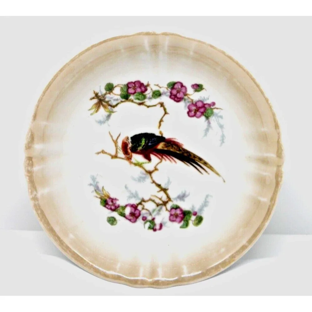 Vintage Luster Ware Shallow Bowl Floral Bird Germany #42 - 5